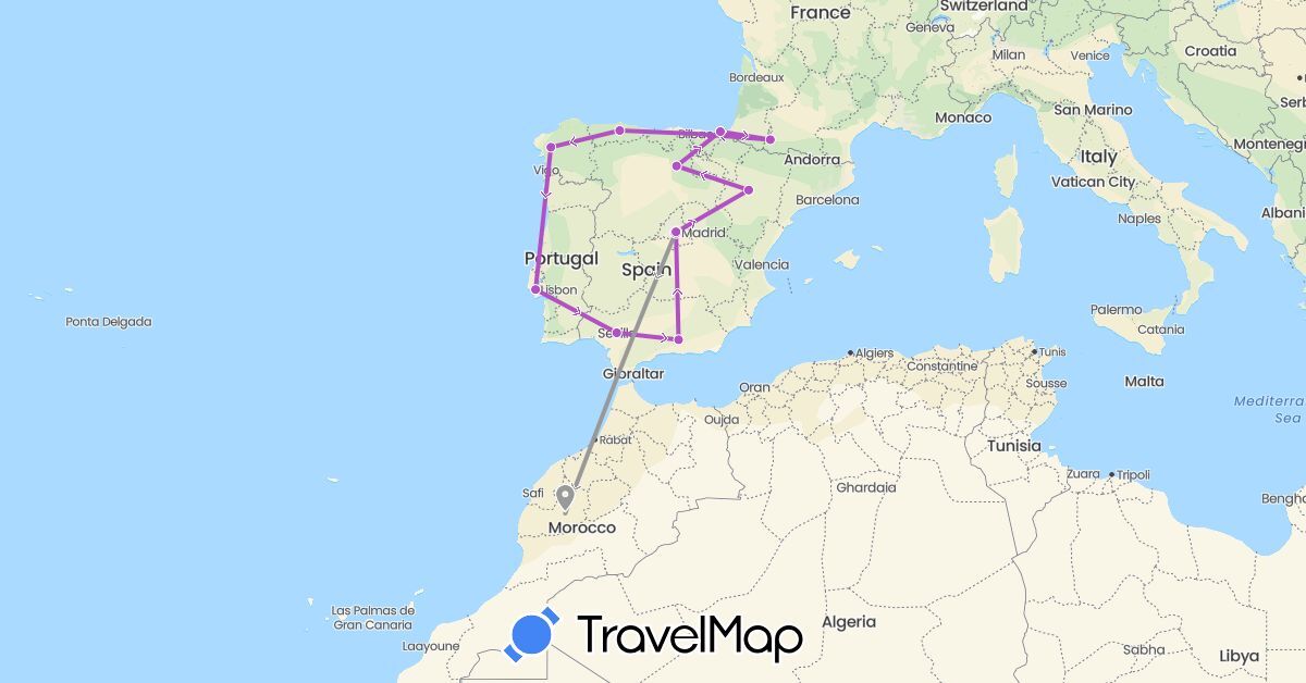 TravelMap itinerary: driving, plane, train in Spain, France, Morocco, Portugal (Africa, Europe)
